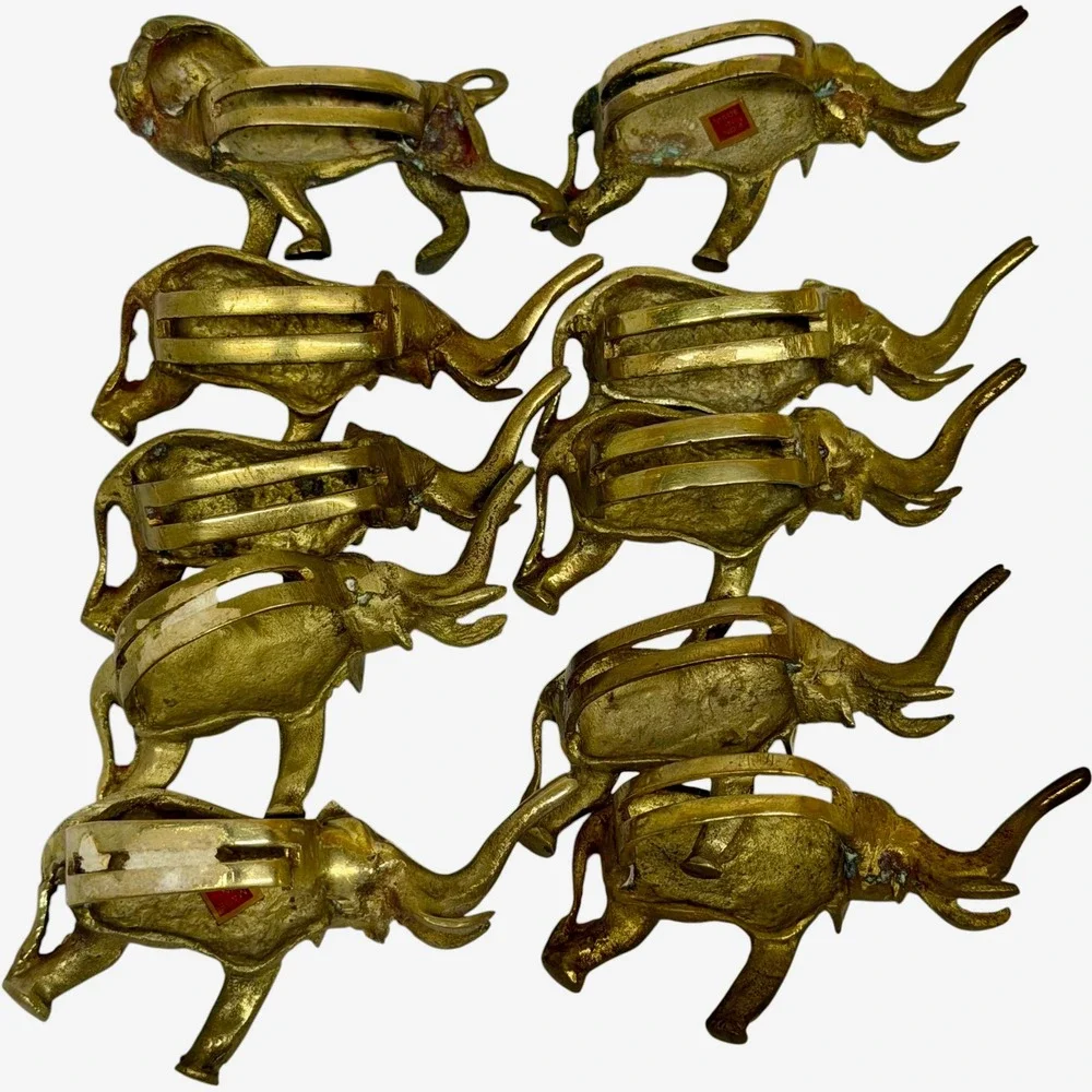 Vintage Brass Elephant and Lion Napkin Rings Set of 10 Made in India Gold Tone